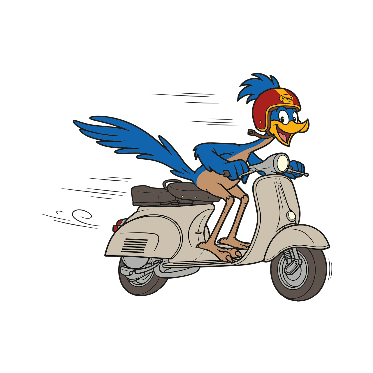 Road Runner auf einem beigen Motorroller mit Helm