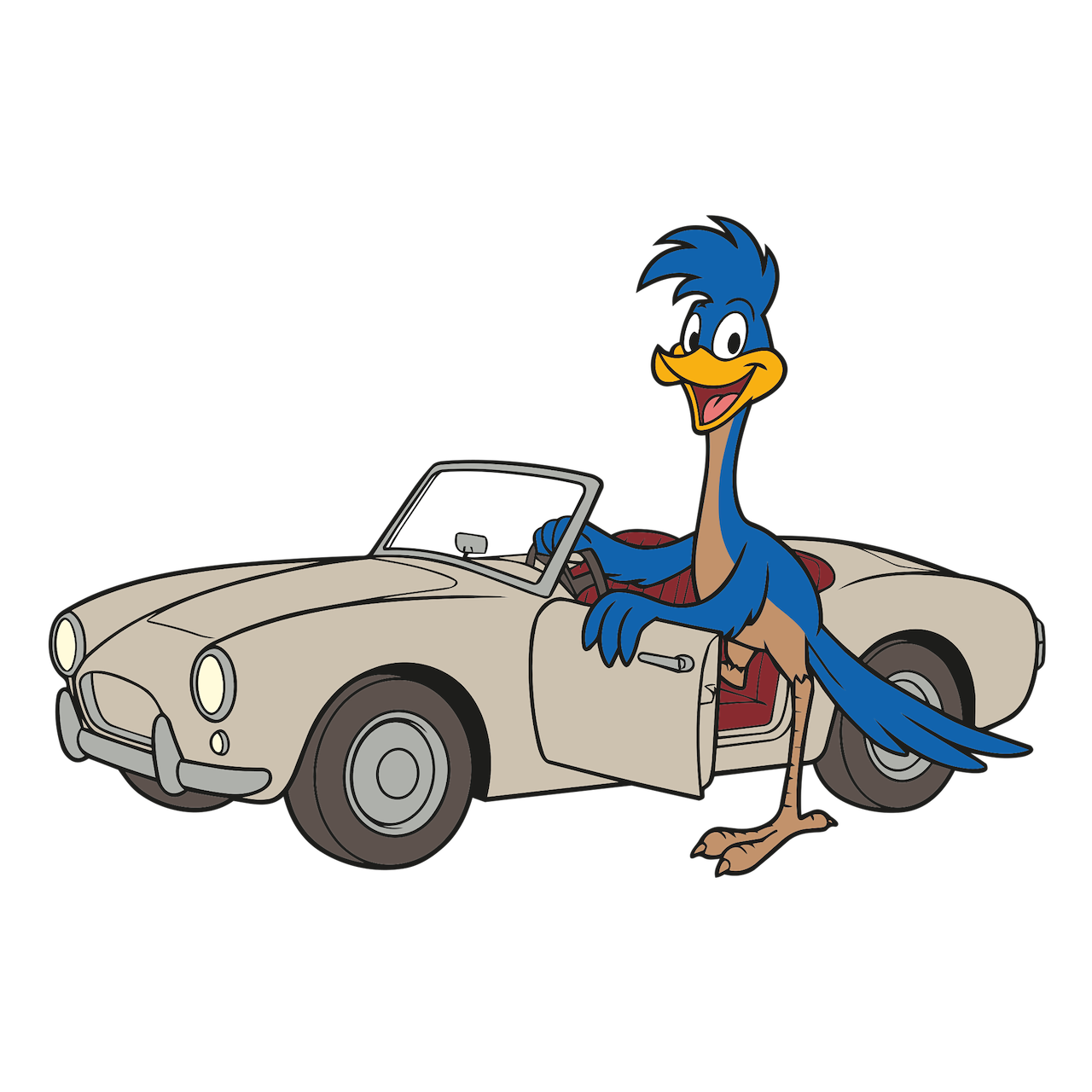 Road Runner lehnt lächelnd an einem beigen Cabriolet