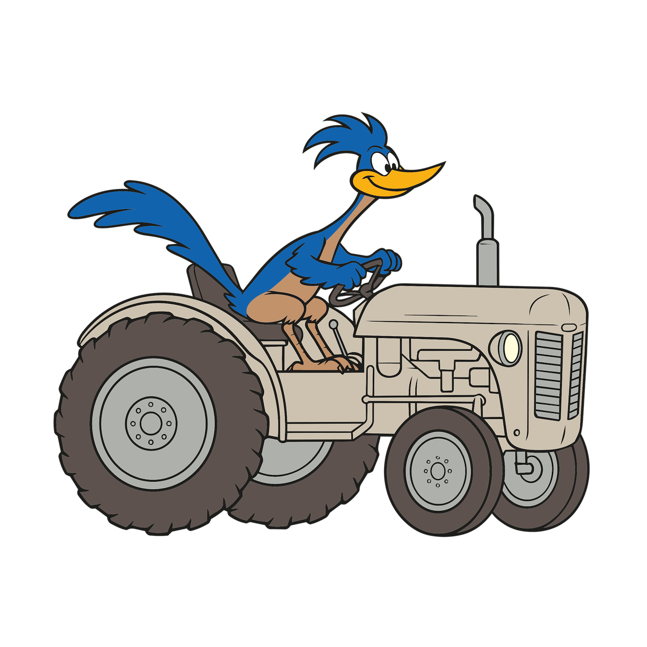 Road Runner auf einem beigen Traktor