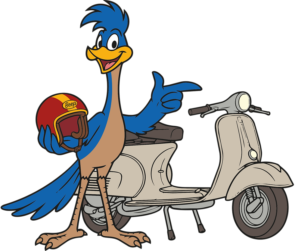 Roadrunner motiviert vor Moped stehend