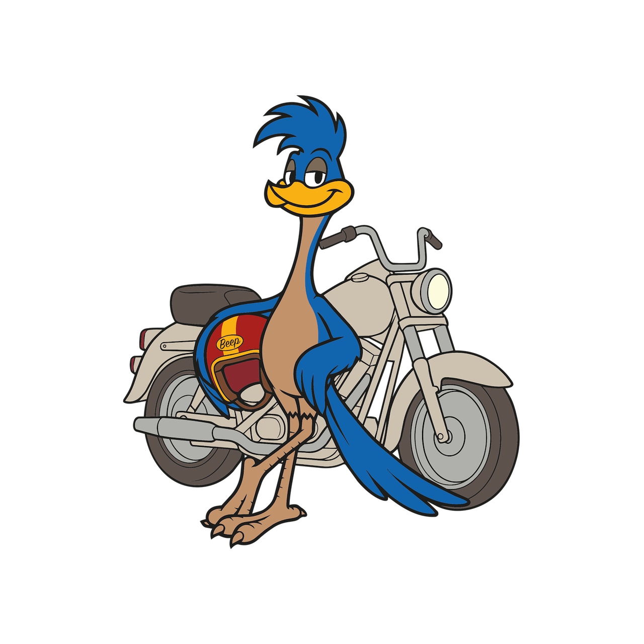 Road Runner lehnt lächelnd an einem Motorrad.