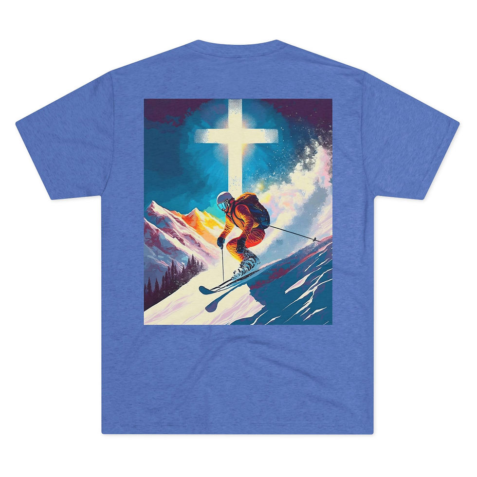 Thumbnail: Back of t-shirt, skier with cross graphic
