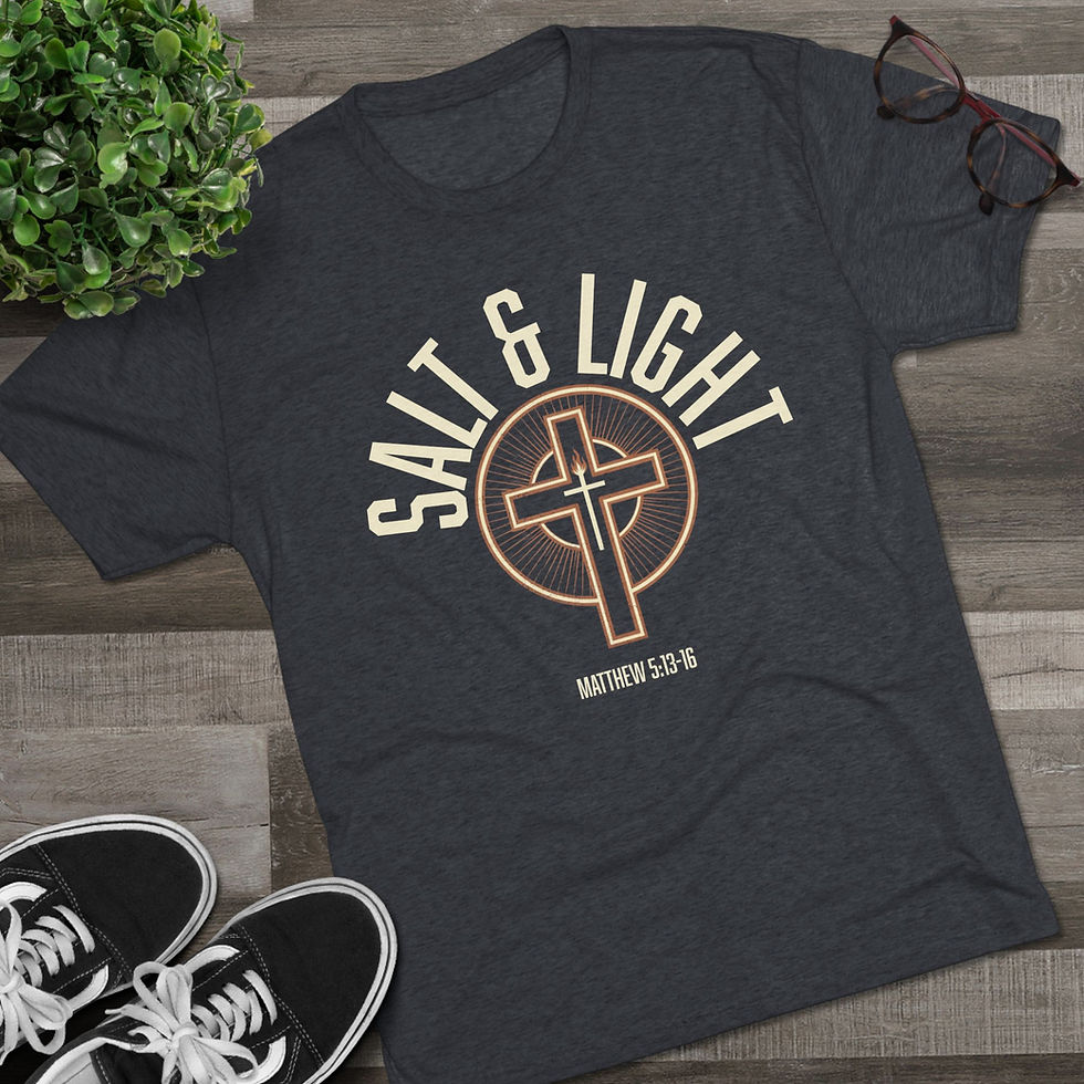 Thumbnail: Grey t-shirt with 'SALT & LIGHT' Matthew 5:13-16 text and cross design
