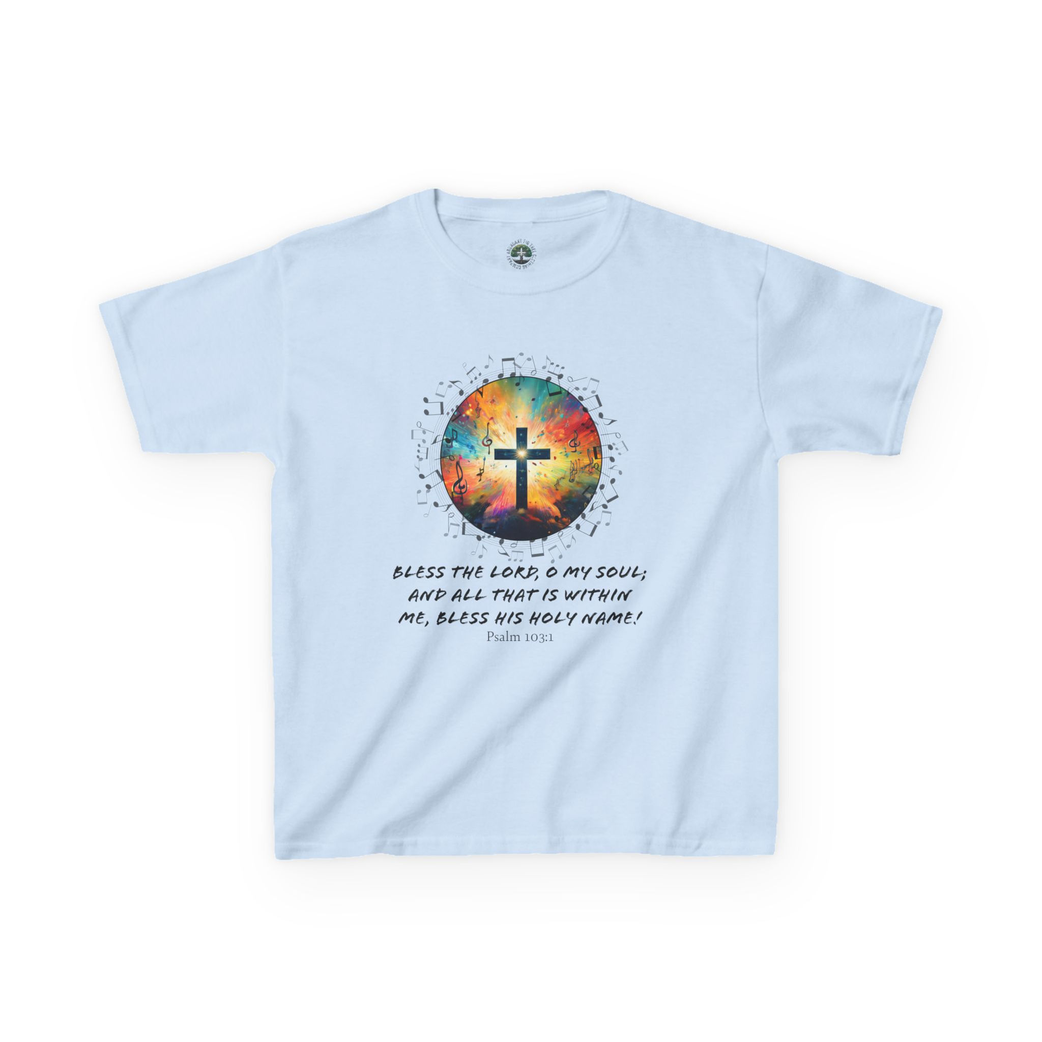 Kids' "Bless the Lord" Psalm 103:1 Worship Music Note Cross Heavy Cotton Tee