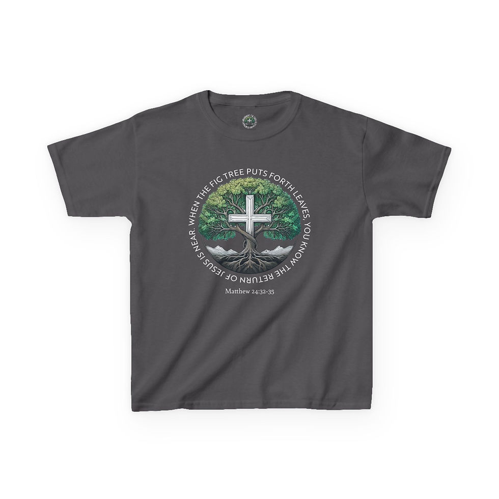 Thumbnail: Kids' Matthew 24:32 Bible Verse Fig Tree Cross Tee Heavy Cotton Christian Tee