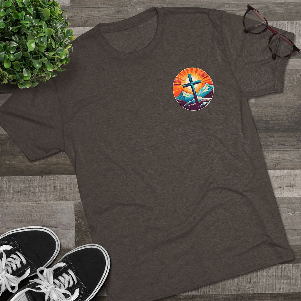Thumbnail: Dark grey t-shirt with a colorful cross sunset logo