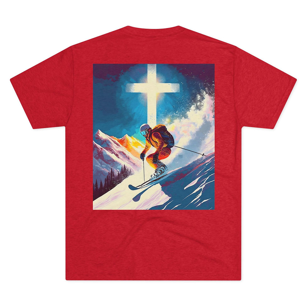 Thumbnail: Back of t-shirt, skier with cross graphic