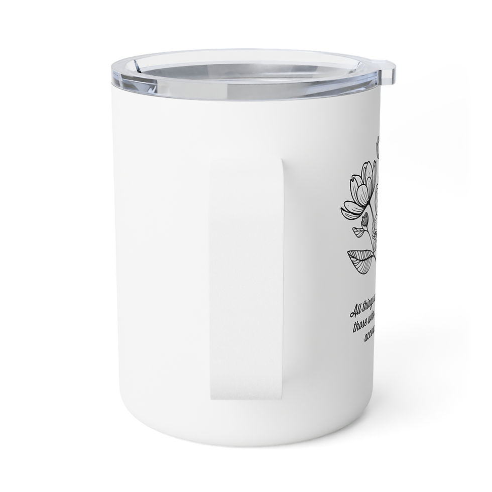 Thumbnail: White travel mug with floral design and text