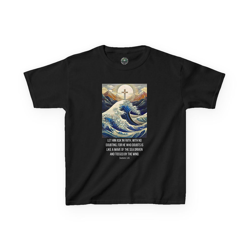 Thumbnail: Kids' "The Great Wave" James 1:6 Bible Verse  Heavy Cotton Tee