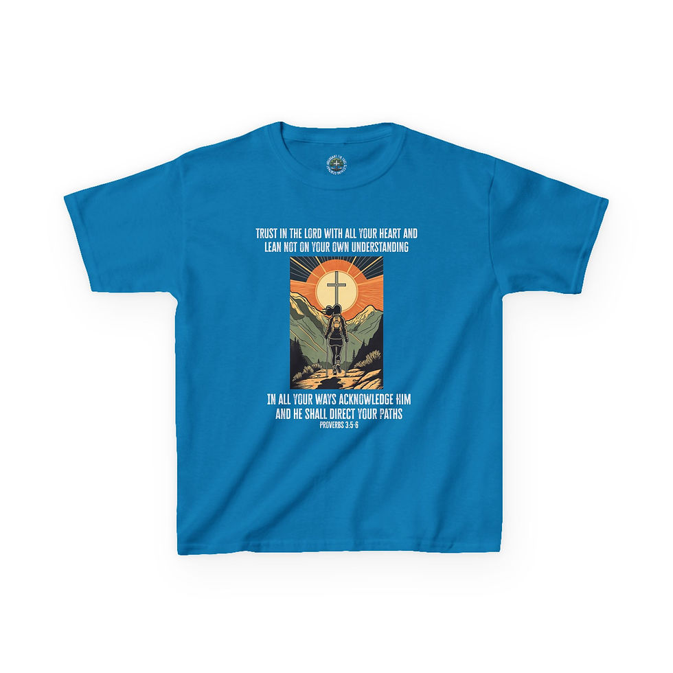 Thumbnail: Blue t-shirt, cross graphic, Proverbs 3:5-6 scripture text