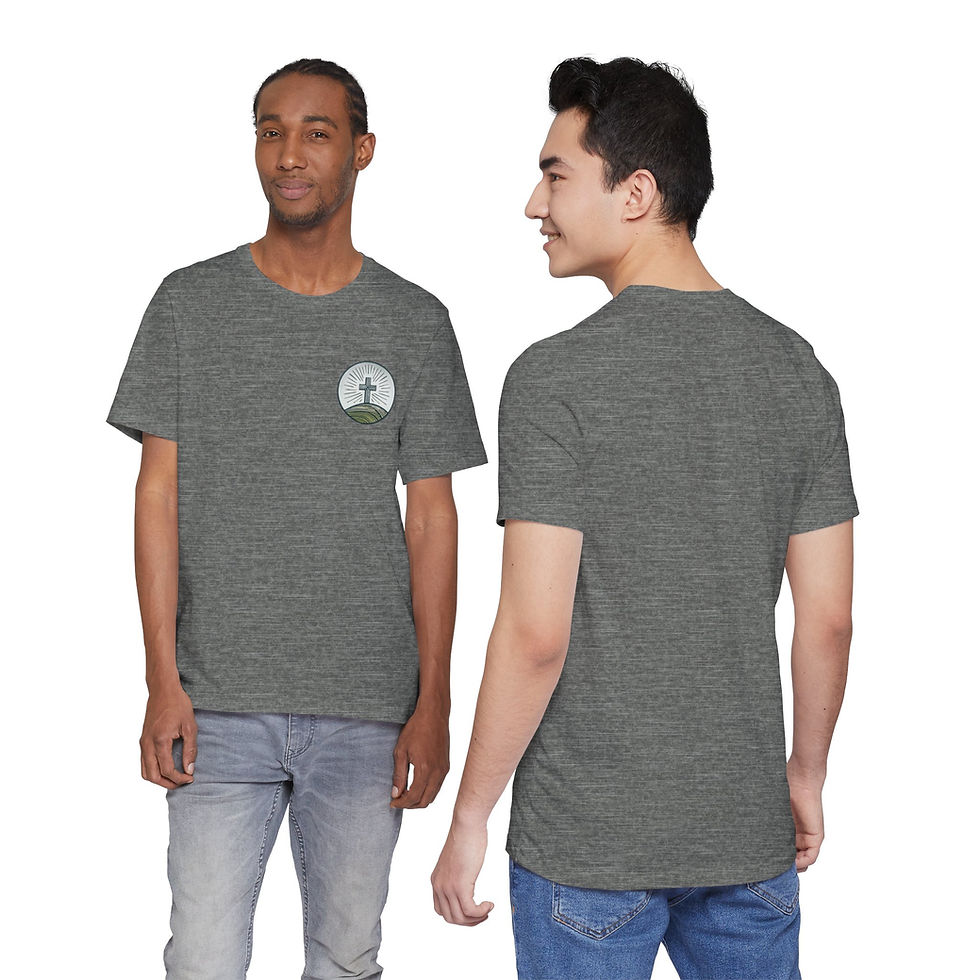 Men modeling gray t-shirt, front with graphic, back plain