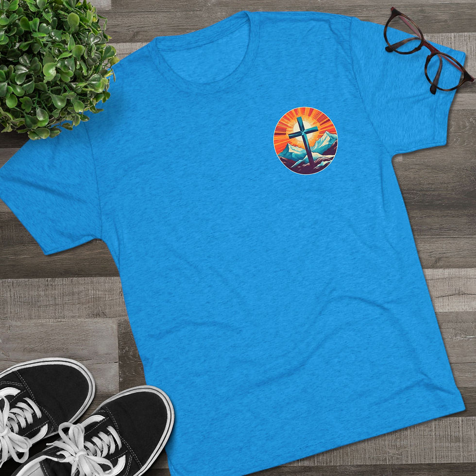 Thumbnail: Blue t-shirt with Christian cross and sunset graphic