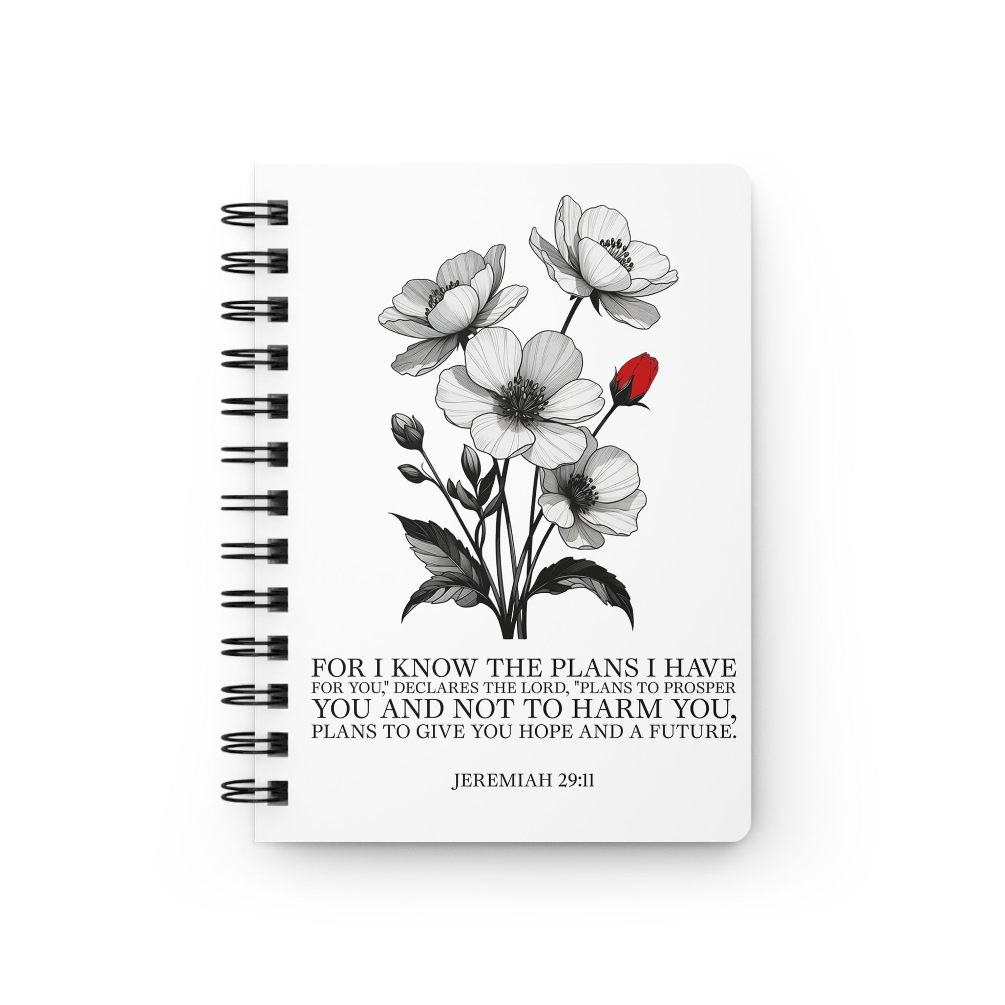 Christian spiral notebook with Jeremiah 29:11 verse and floral design