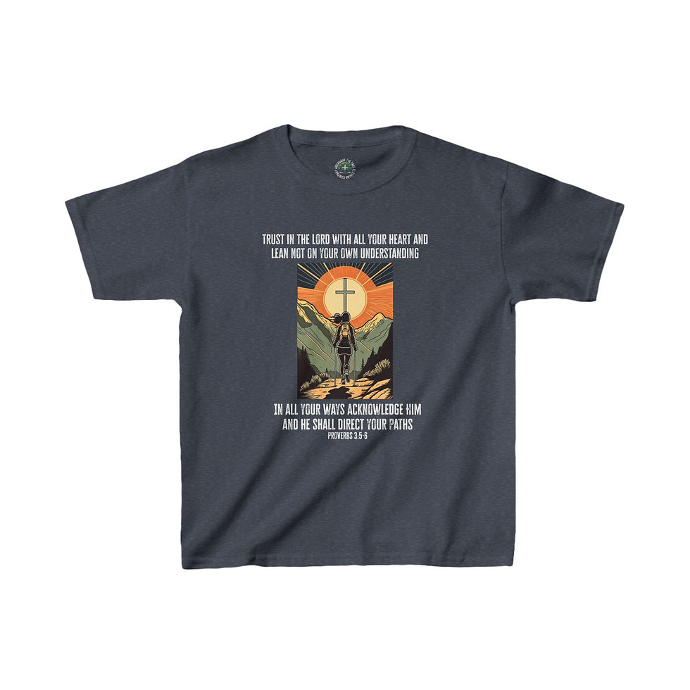 Kids' Proverbs 3:5-6 Bible Verse "Hiking the Path" Heavy Cotton™ Tee