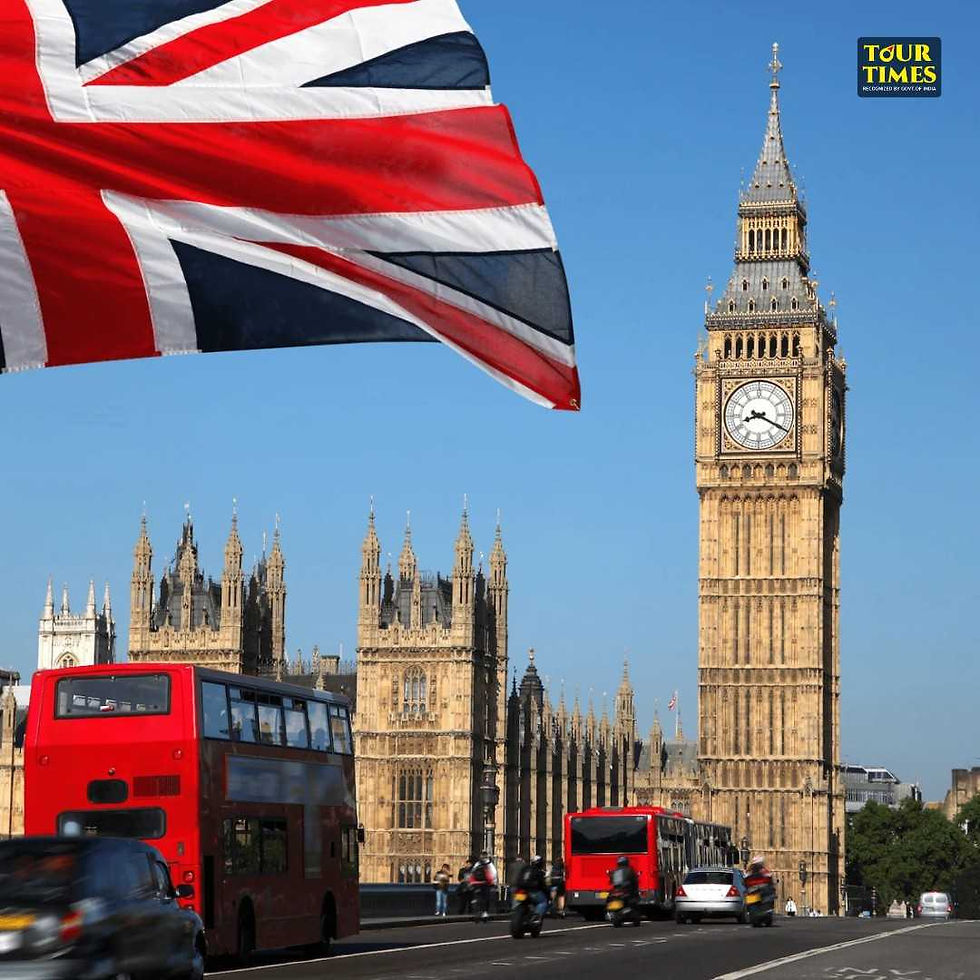 British flag waves near Big Ben and Westminster. Red buses and vehicles on the road. Blue sky. "Tour Times" text on top right.Europe Tour From India