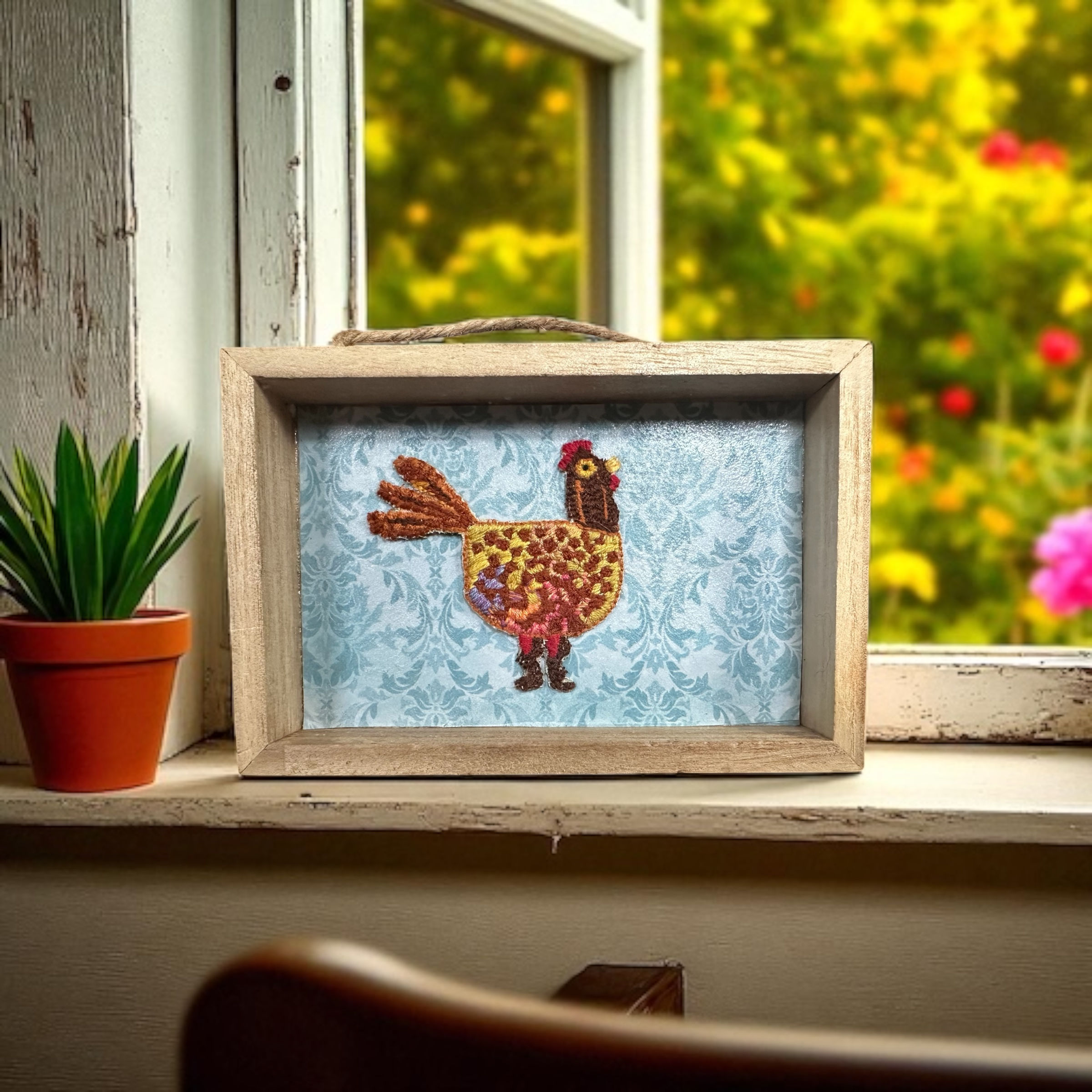 Colorful Embroidered Chicken in Frame