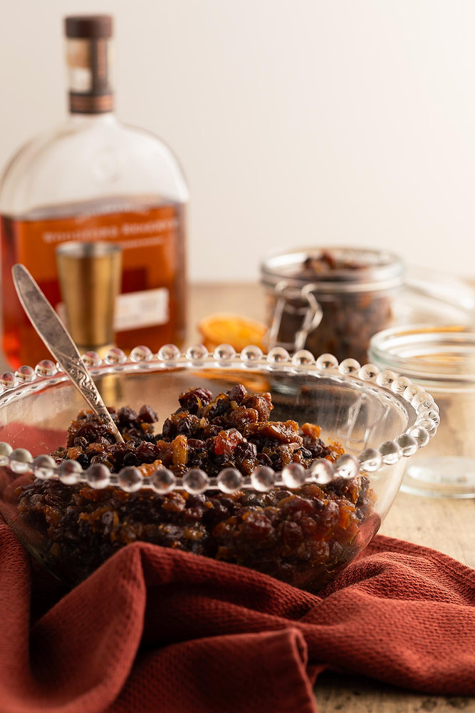 A bowl of homemade fruit mince on a table