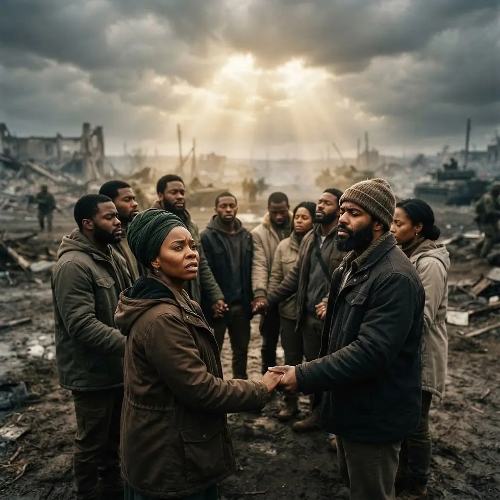 Digital art illustration of a group of people holding hands in unity in a war-torn city. Sunlight breaks through dark clouds, symbolizing hope and resilience amidst devastation.