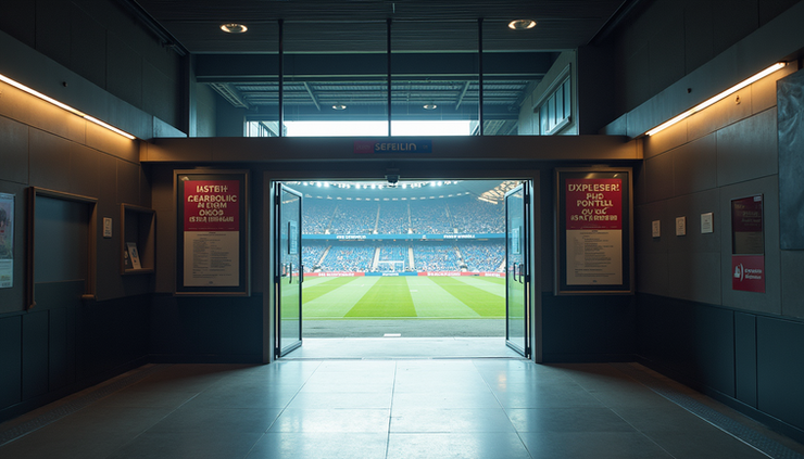 Eye-level view of a stadium entrance with organized fan entry and clear signage