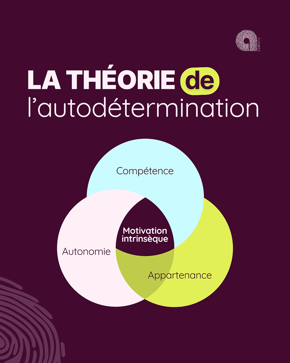 Infographie illustrant la Théorie de l'Autodétermination : trois cercles représentant l'Autonomie, la Compétence et l'Appartenance Sociale. Ces trois besoins réunis permettent d'activer la motivation intrinsèque et ainsi l'engagement collaborateur.