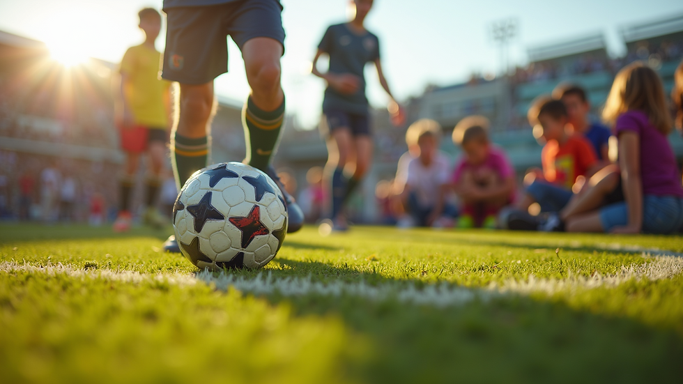 Eye-level view of a youth soccer game with families cheering on the sidelines