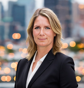 Porträt der Gründerin von Herzlichtführung e.V., Nicole Dildei, im Business-Outfit vor Stadtkulisse
