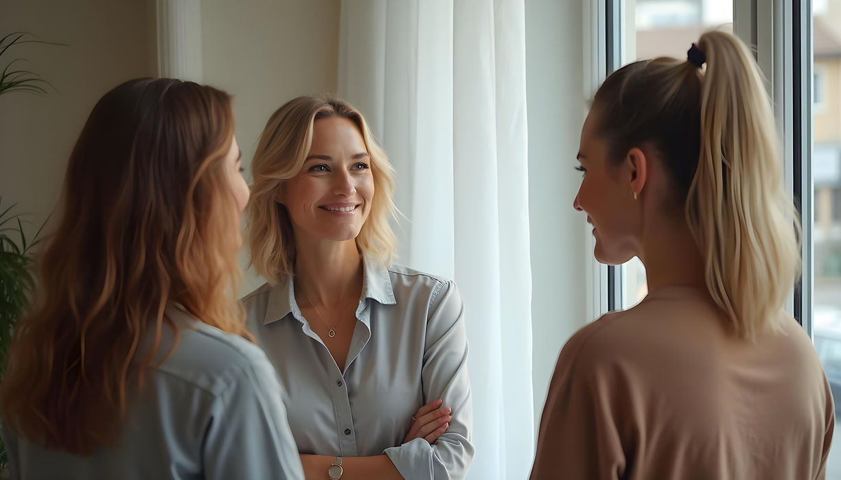 Drei Frauen unterhalten sich freundlich an einem Fenster