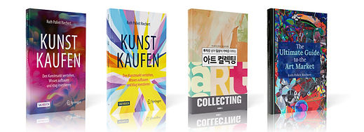 Internationale Ausgaben von Ruth Polleit Riecherts Kunstmarkt-Buch in Deutsch, Koreanisch und Englisch, darunter The Ultimate Guide to the Art Market.