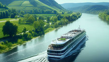 Ein Flusskreuzfahrtschiff fährt auf einem Fluss umgeben von Bäumen, grünen Wiesen und bewaldeten Bergen.