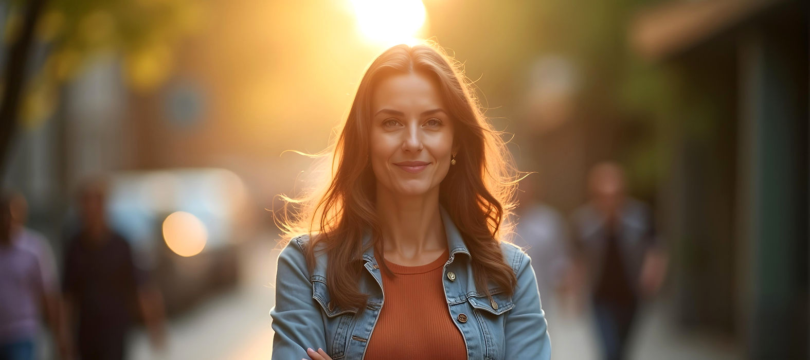 Frau lächelt in Sonnenuntergang