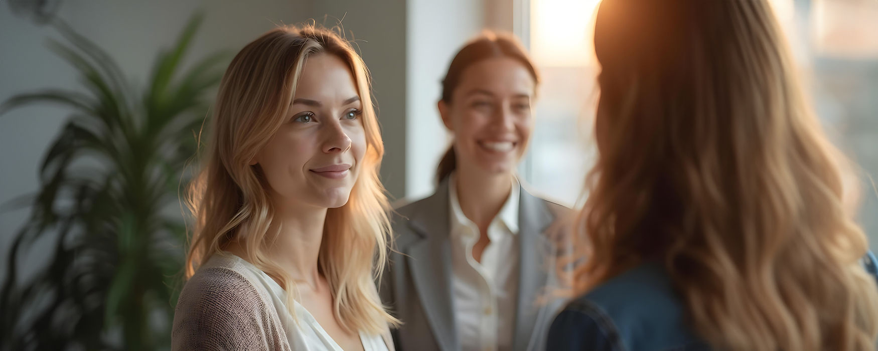 Drei Frauen unterhalten sich freundlich