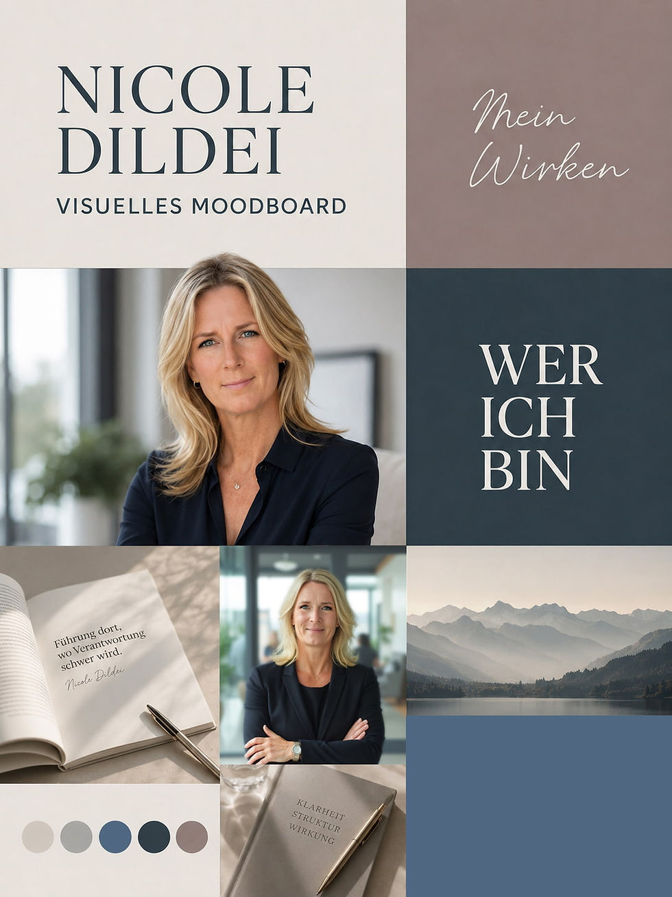 Visuelles Moodboard für Nicole Dildei mit Farbwelt, Portraits, Typografie und Bildsprache als Grundlage für Personal Branding und Webdesign.