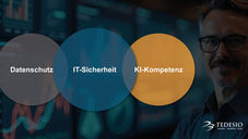 Drei überlappende Kreise zeigen das Zusammenspiel von Datenschutz, IT-Sicherheit und KI-Kompetenz. IT-Sicherheit steht im Zentrum.