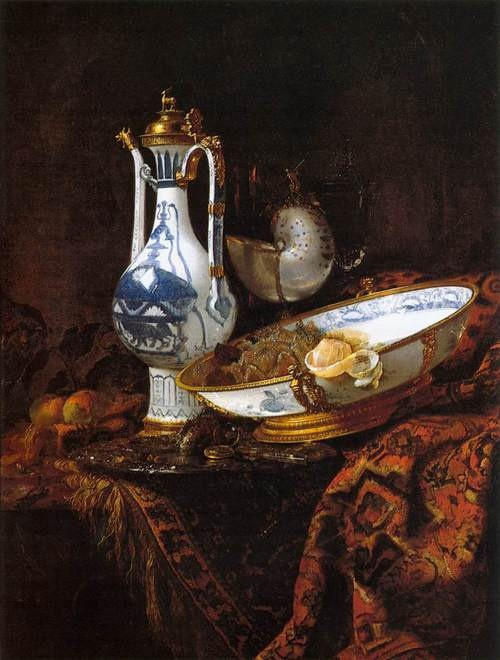 The Dutch painter Willem Kalf (1622–1693), specialized in still lives: “Still Life with an Aquamanile, Fruit, and a Nautilus Cup”, c. 1660, Museo Thyssen-Bornemisza, Madrid.