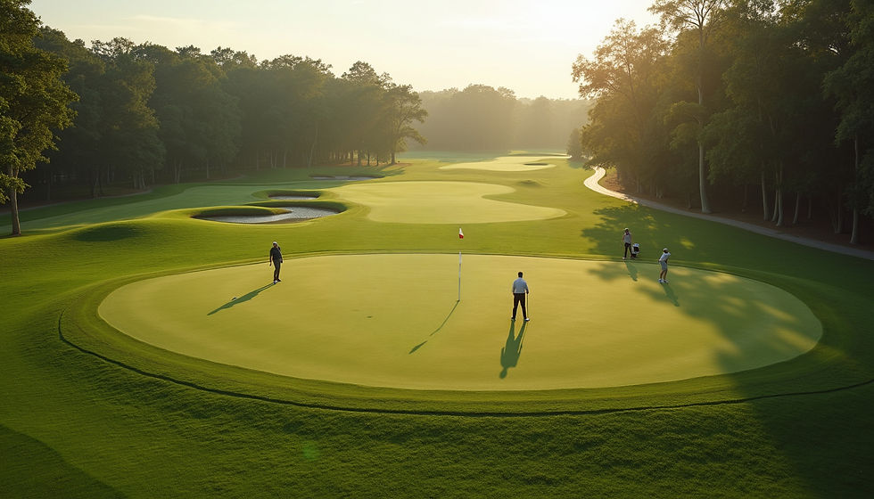 High angle view of a golf course with players enjoying a social game