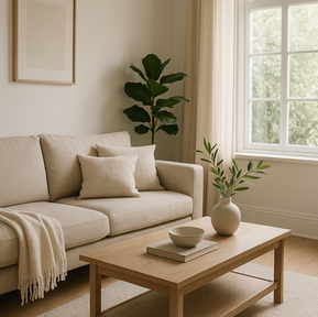 neutral living room with greenery, ceramic vase on coffee table with green leafed stems, neutral sofa with neutral throw and cushions