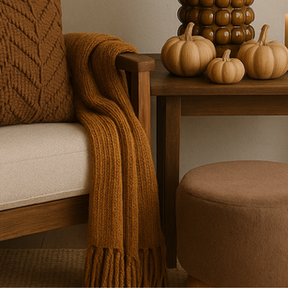 autumnal decor texture is the new colour with boucle armchair, mushroom boucle stool and knitted cushion