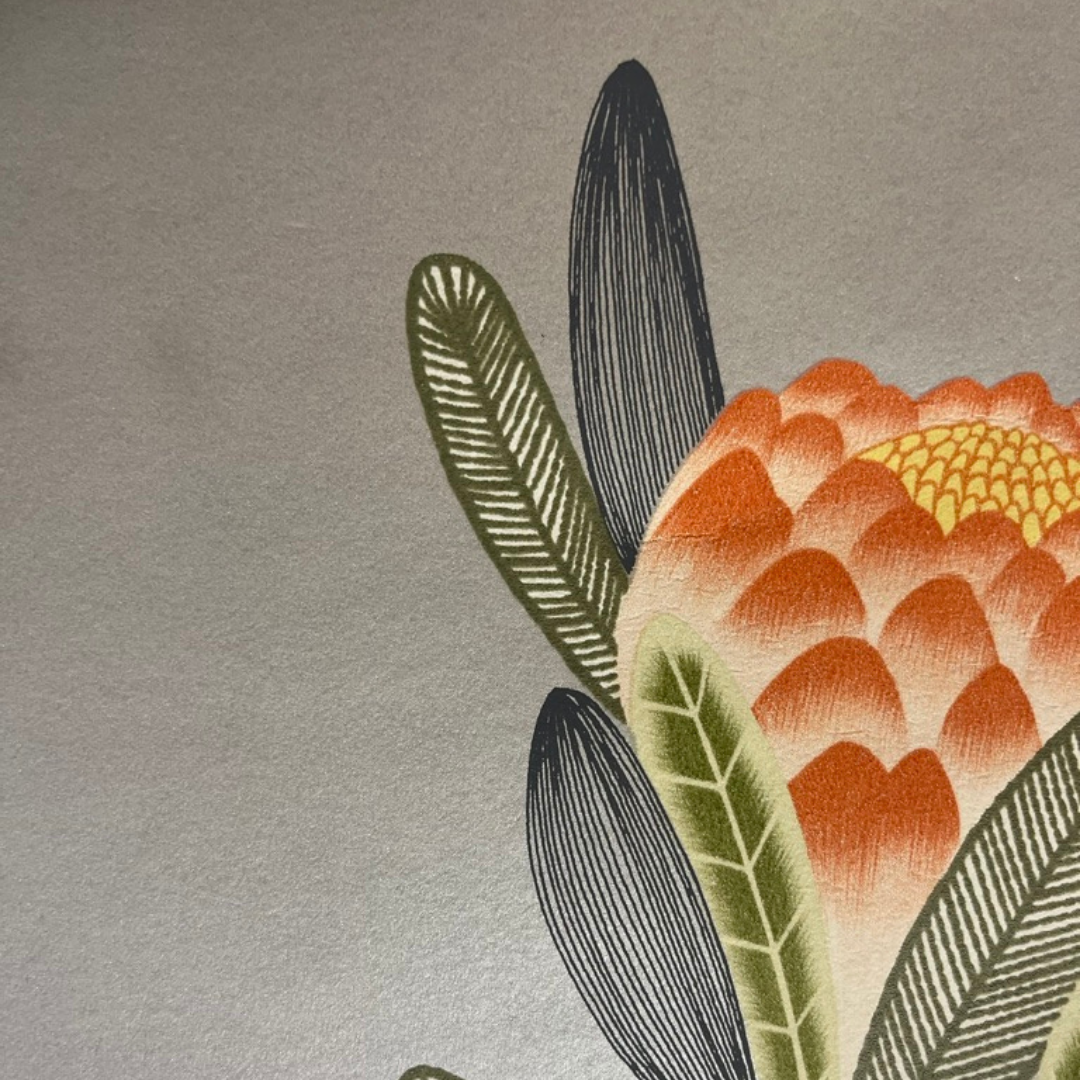 Retro Protea Floral Wallpaper on Silver Grey