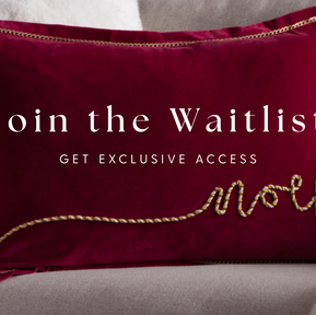 join the waitlist get exclusive access - red cushion with gold embroidery noel
