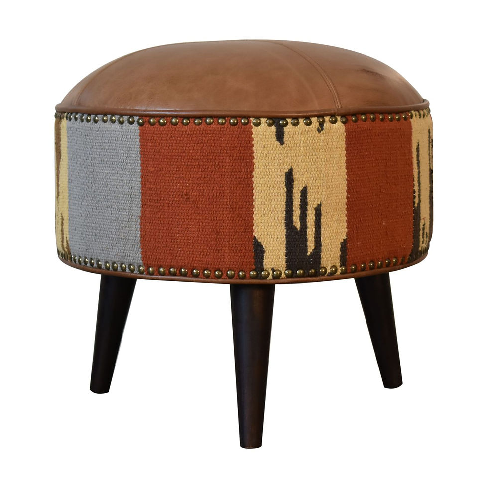Thumbnail: Durrie & Leather Mixed Footstool