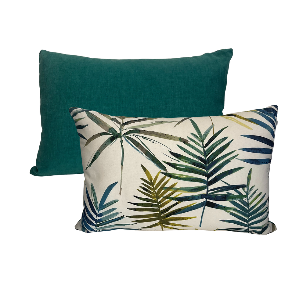 Thumbnail: Front and Back Tropical Palm Rectangular Cushion – Teal & Olive Tropical Print