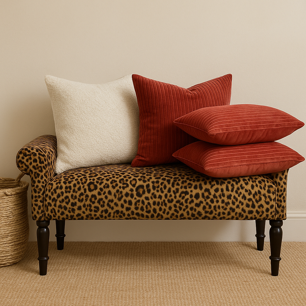 Leopard print bench with a white pillow and two red pillows sits on beige carpet. A woven basket is nearby, against a plain wall.
