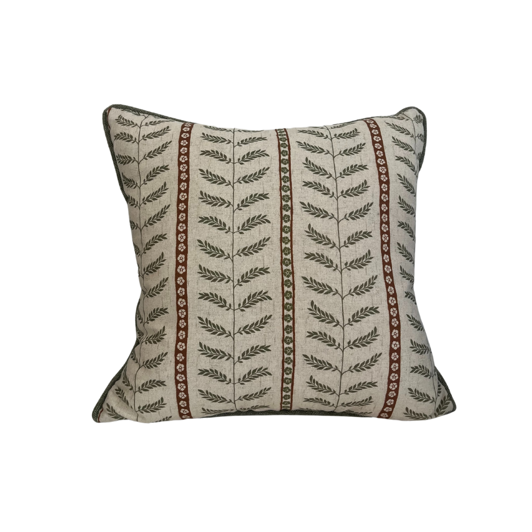 Front of Olive Fern Stripe Cushion – Natural and Rust Botanical