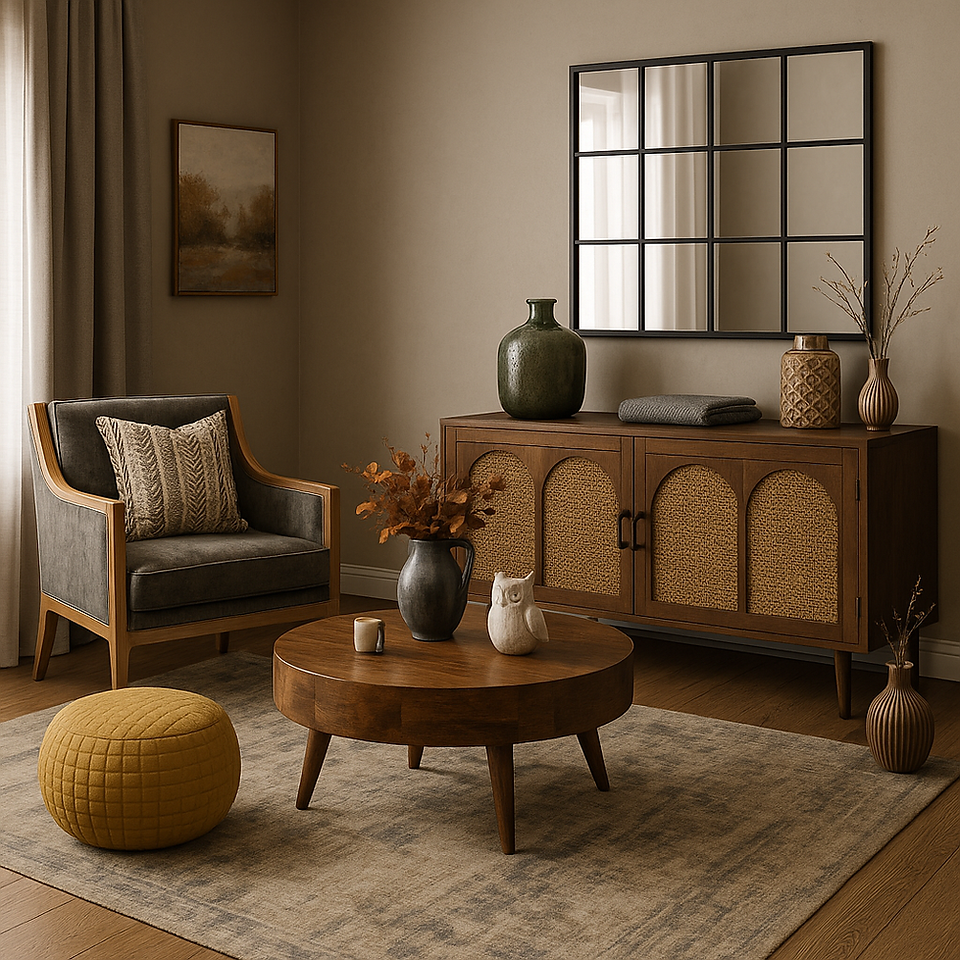 autumnal living space with olive arm chair and burnt orange home accessories with mustard poufee