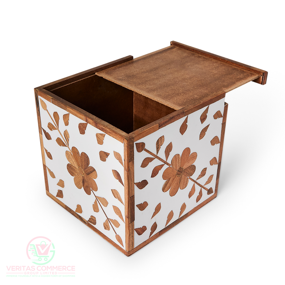 Thumbnail: Luxury Wooden Cube Tissue Box with Delicate White Floral Patterns
