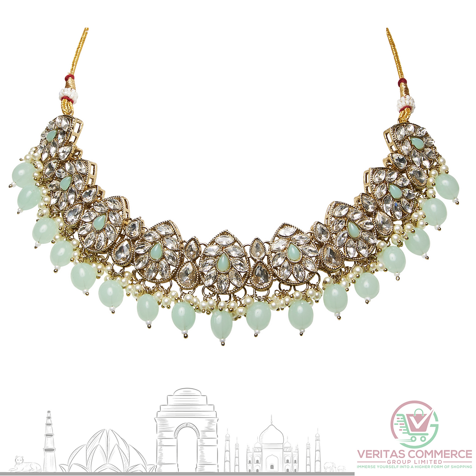Thumbnail: Elegant Handcrafted Kundan Jewellery Set in Mint Green , Gold and Silver - Inspi