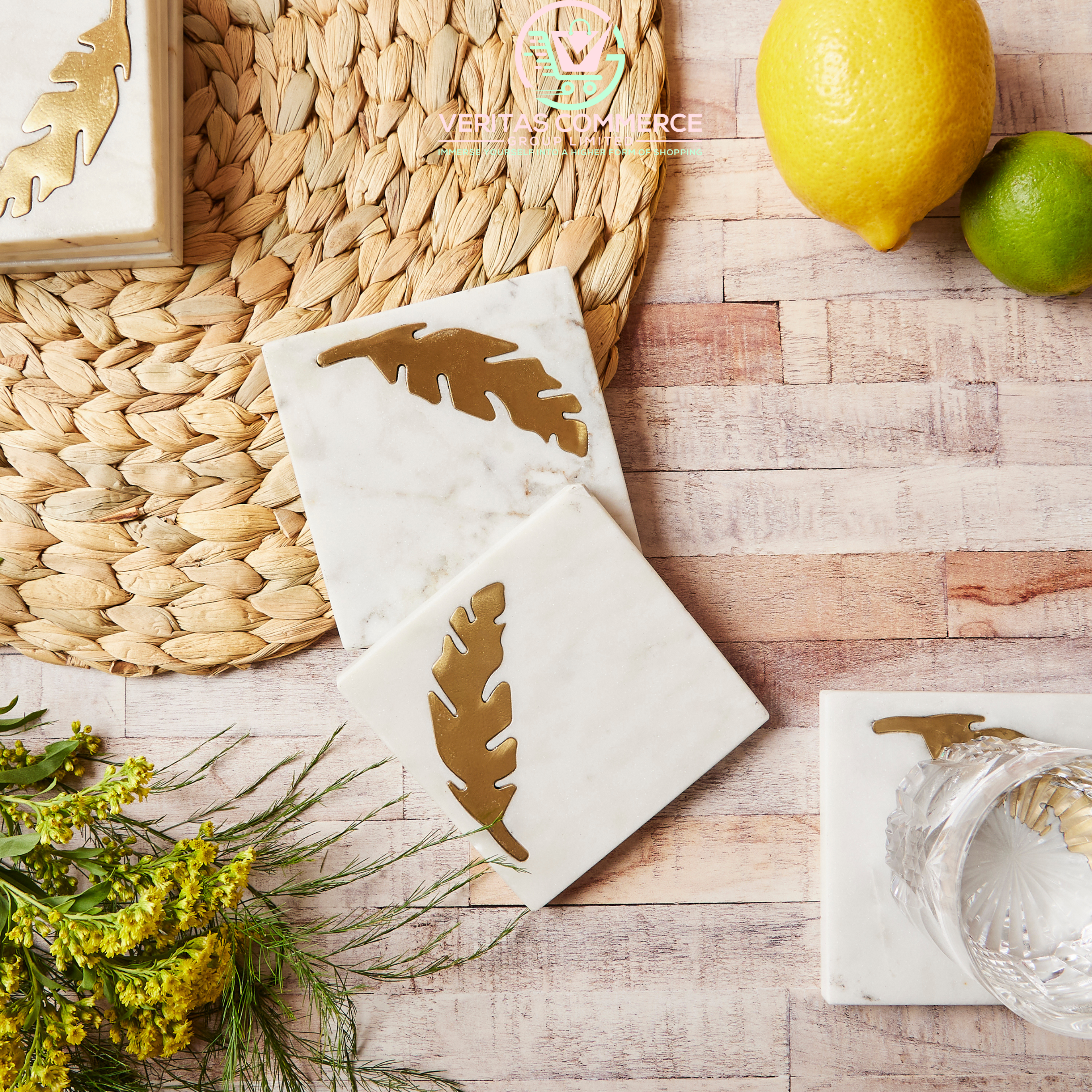 Elegant Gold Feathered Marble Coasters - Set of 6