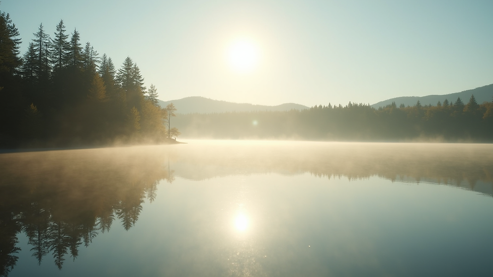 Eye-level view of a calm lake reflecting soft morning light