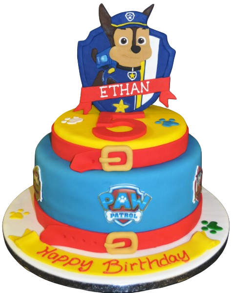 A Paw Patrol Shield Chase themed cake with colourful decorations on a white background, perfect for a children's birthday party celebration.