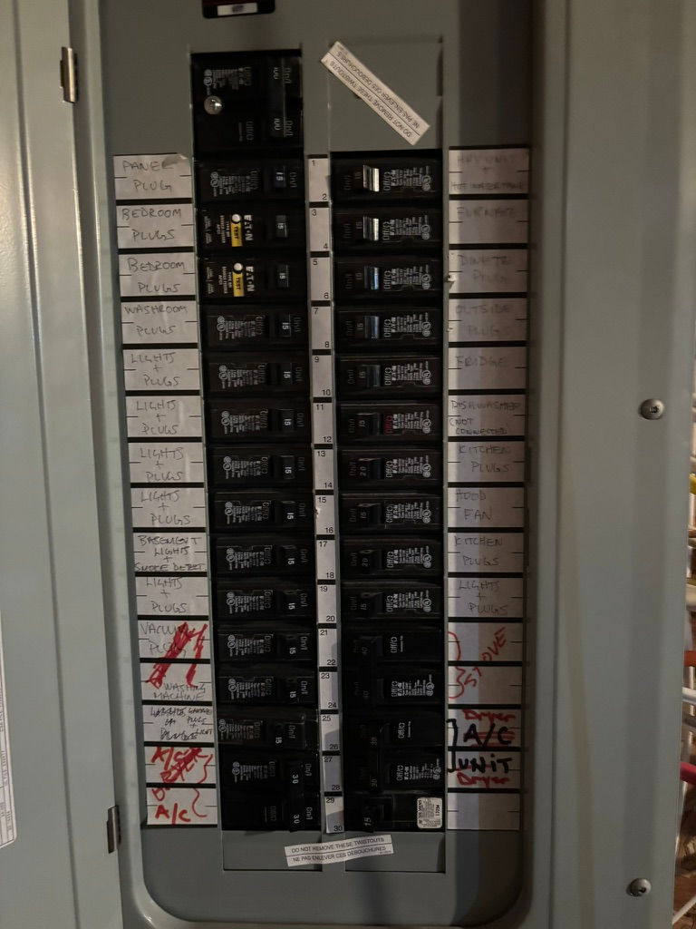 Eye-level view of a circuit breaker panel opened